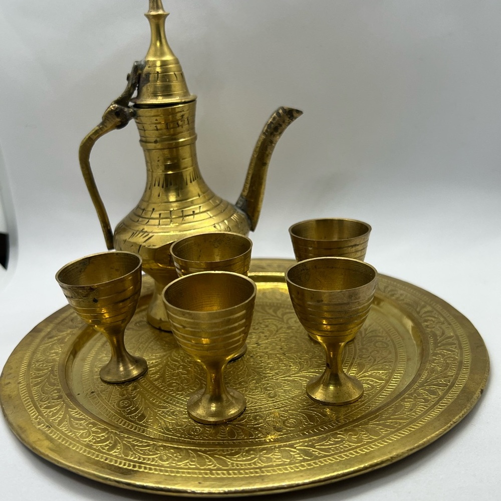 Vintage Old Middle Eastern Gold Brass Tea Set with Tray - Picture 2 of 5
